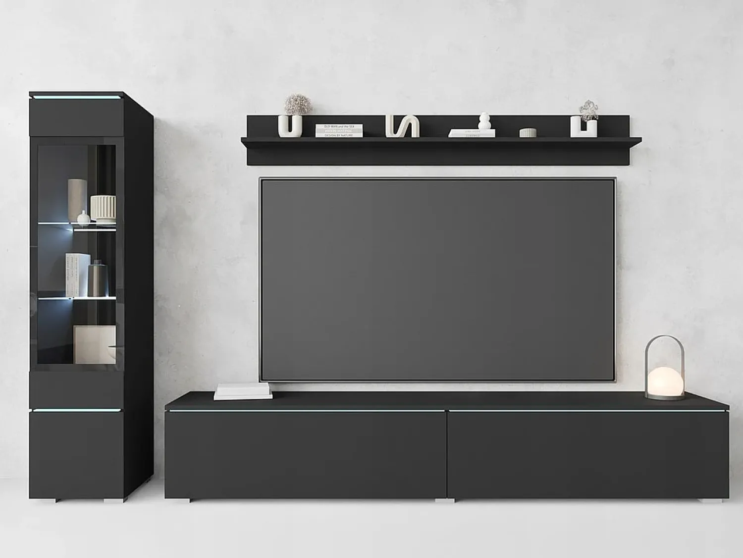 Móvel De Tv* Conjunto moderno de móveis de sala 3 peças – móvel de TV 180 cm, vitrina e prateleira, grafite mate, de pé ou suspenso Preto