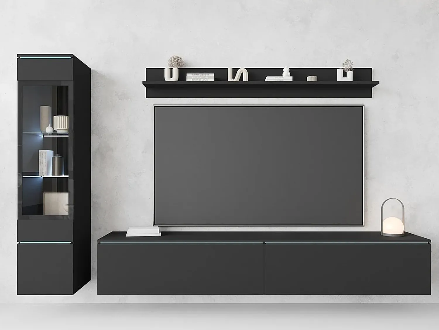 Móvel De Tv* Conjunto moderno de móveis de sala 3 peças – móvel de TV 180 cm, vitrina e prateleira, grafite mate, de pé ou suspenso Preto
