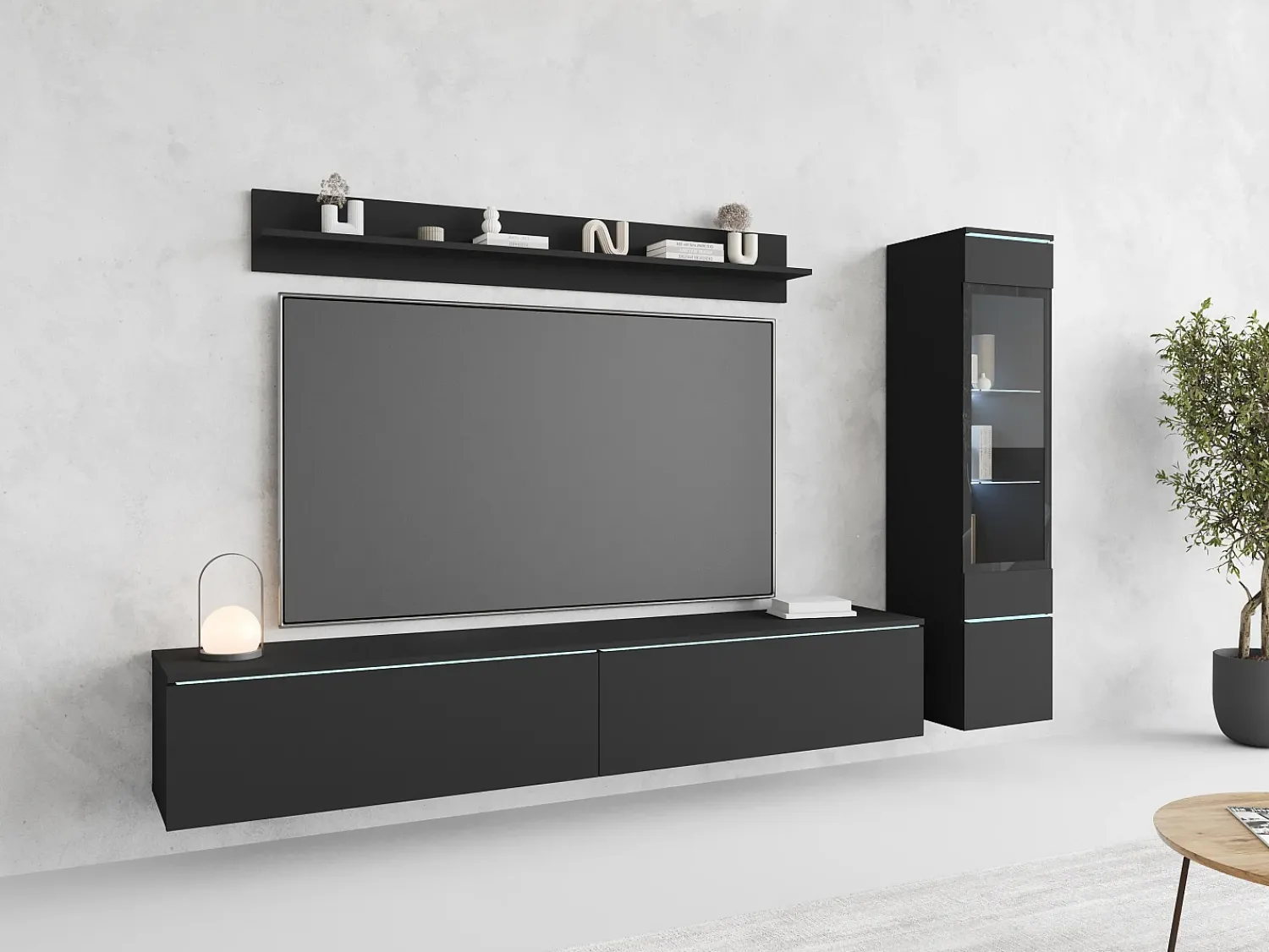 Móvel De Tv* Conjunto moderno de móveis de sala 3 peças – móvel de TV 180 cm, vitrina e prateleira, grafite mate, de pé ou suspenso Preto