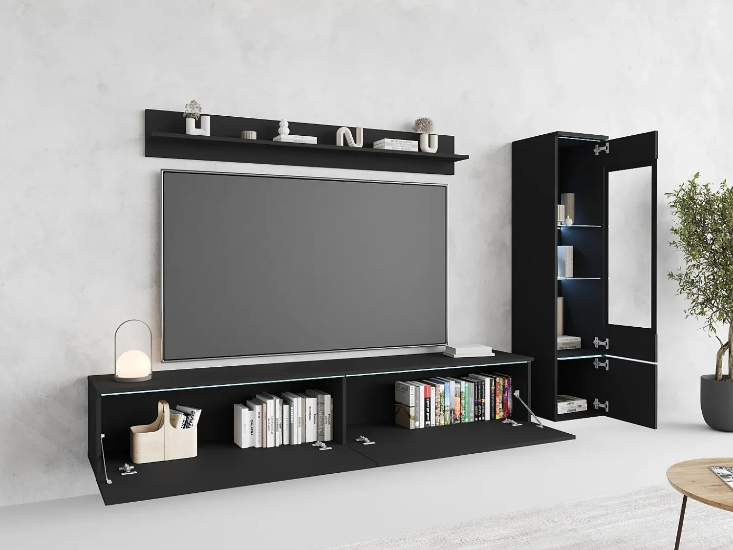 Móvel De Tv* Conjunto moderno de móveis de sala 3 peças – móvel de TV 180 cm, vitrina e prateleira, grafite mate, de pé ou suspenso Preto
