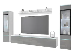 Móvel De Tv* Conjunto moderno de móveis de sala 4 peças, móvel de TV 180 cm, 2 vitrinas e prateleira, corpo branco mate, frentes cinza brilho, de pé ou suspenso Multicor
