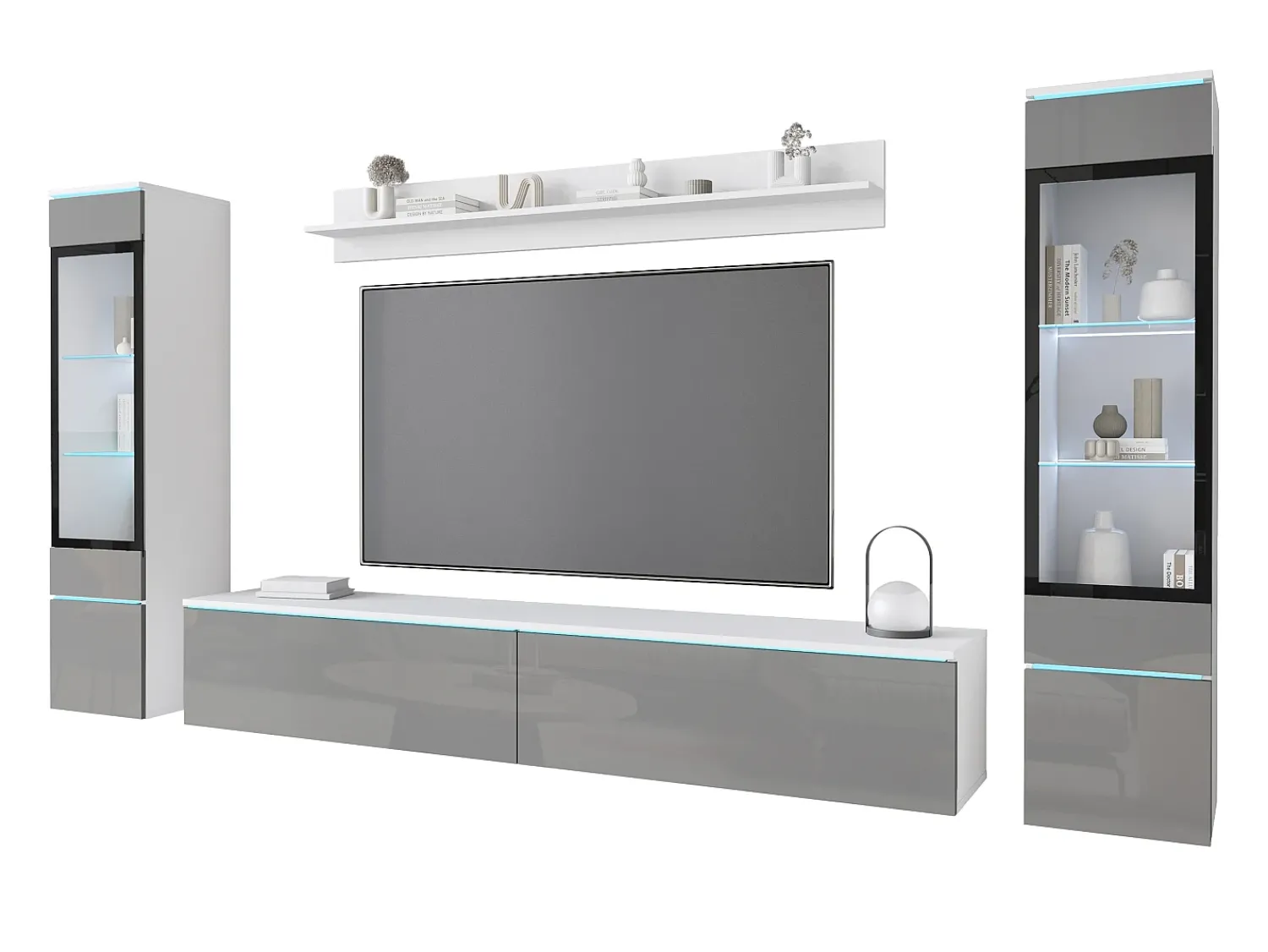 Móvel De Tv* Conjunto moderno de móveis de sala 4 peças, móvel de TV 180 cm, 2 vitrinas e prateleira, corpo branco mate, frentes cinza brilho, de pé ou suspenso Multicor