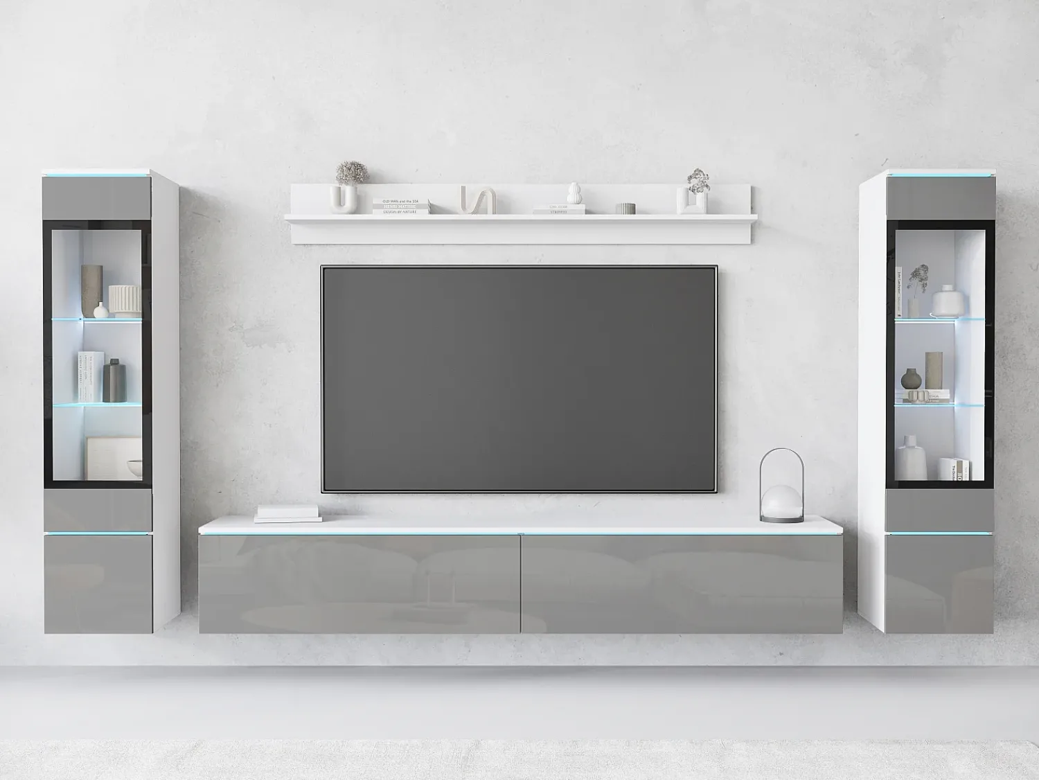 Móvel De Tv* Conjunto moderno de móveis de sala 4 peças, móvel de TV 180 cm, 2 vitrinas e prateleira, corpo branco mate, frentes cinza brilho, de pé ou suspenso Multicor