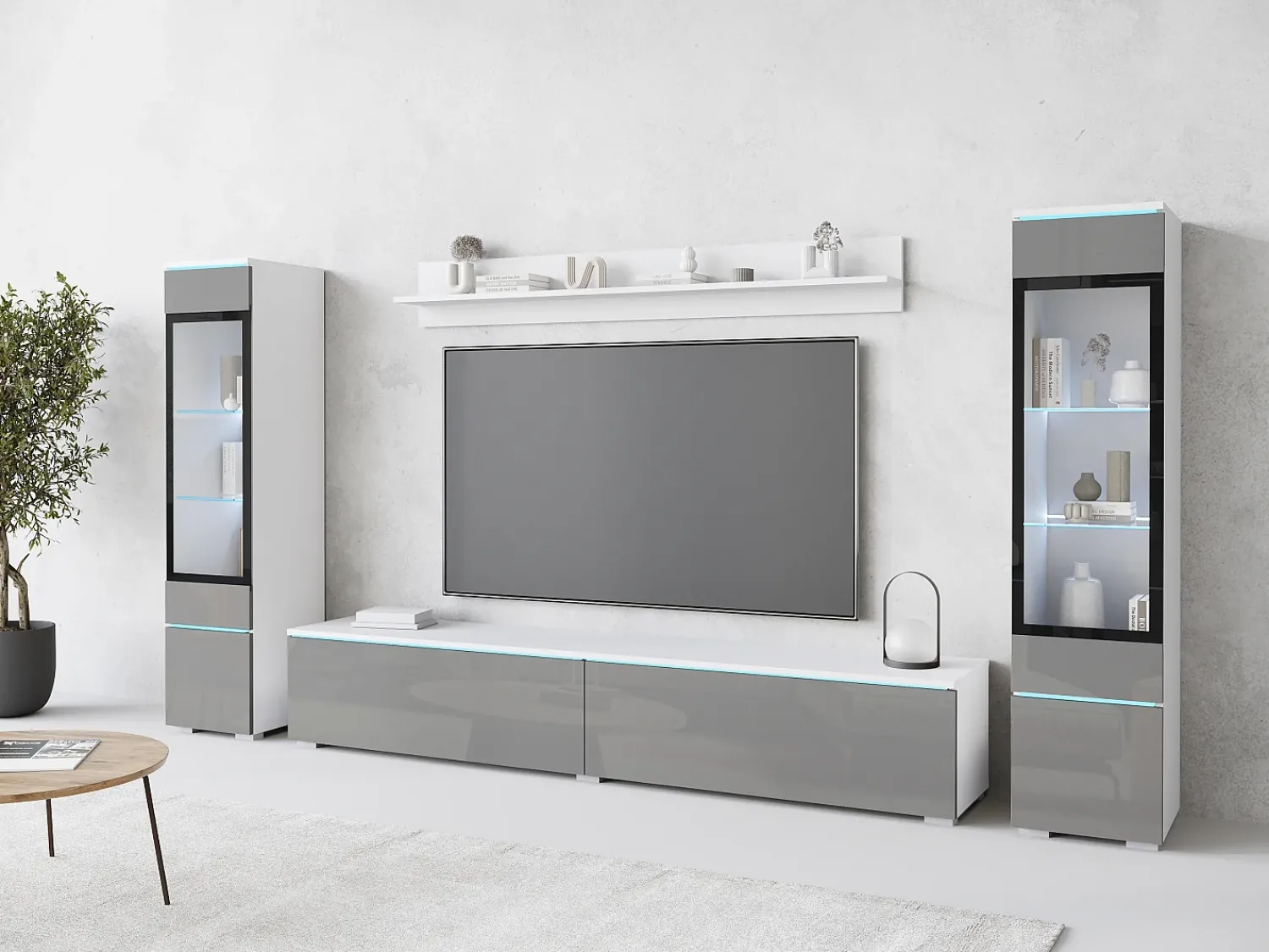 Móvel De Tv* Conjunto moderno de móveis de sala 4 peças, móvel de TV 180 cm, 2 vitrinas e prateleira, corpo branco mate, frentes cinza brilho, de pé ou suspenso Multicor