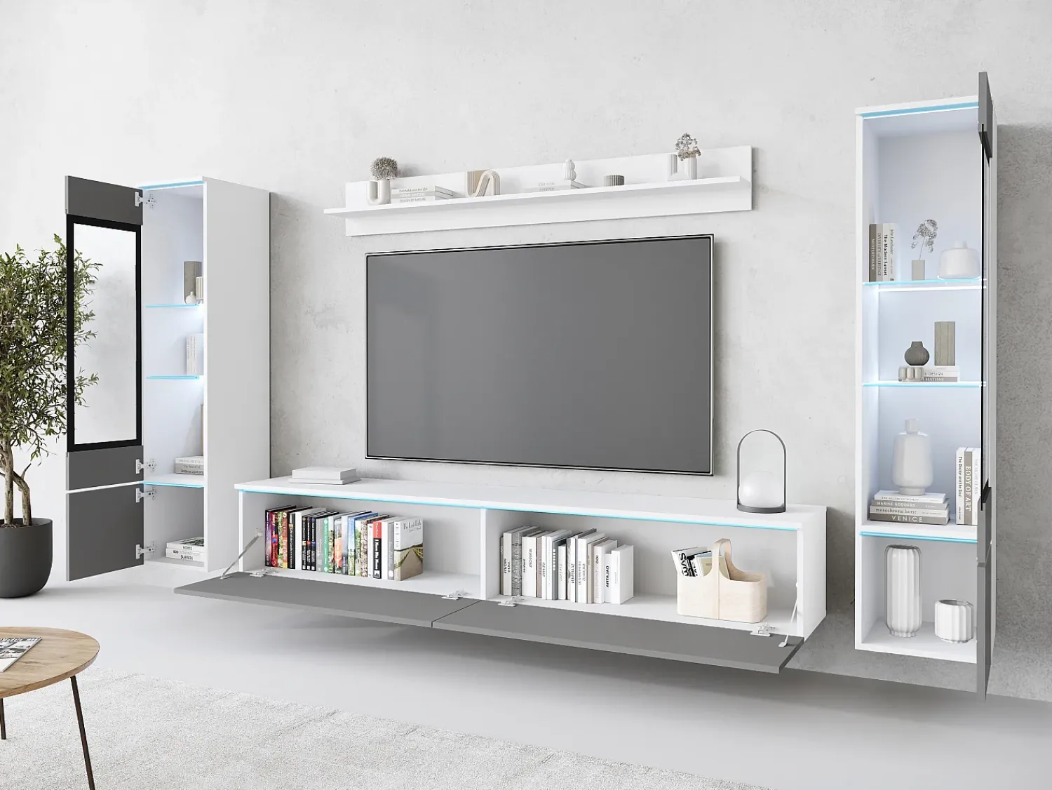 Móvel De Tv* Conjunto moderno de móveis de sala 4 peças, móvel de TV 180 cm, 2 vitrinas e prateleira, corpo branco mate, frentes cinza brilho, de pé ou suspenso Multicor