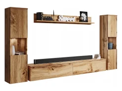 Móvel De Tv| Conjunto moderno de sala 4 peças, carvalho wotan mate, 2 colunas e móvel de TV 180 cm Natural escuro