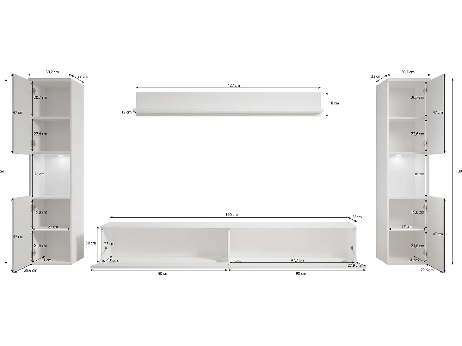 Móvel De Tv| Conjunto moderno de sala 4 peças, carvalho wotan mate, 2 colunas e móvel de TV 180 cm Natural escuro