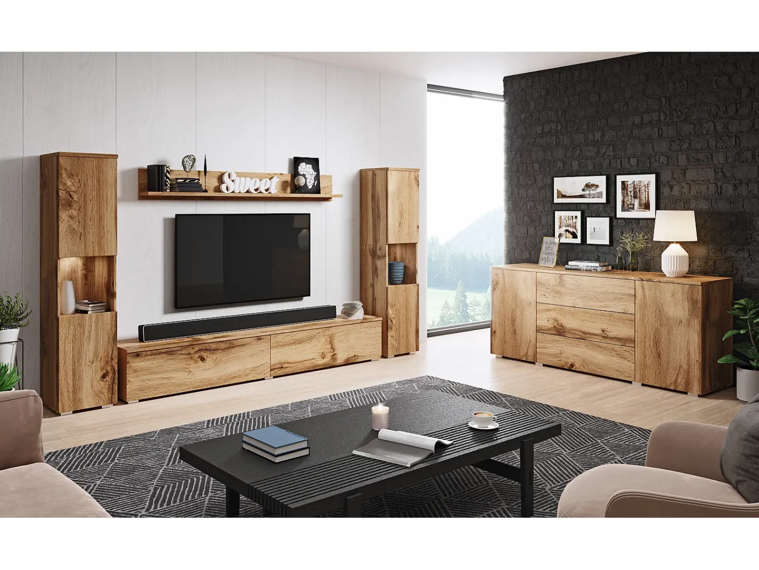 Móvel De Tv| Conjunto moderno de sala 4 peças, carvalho wotan mate, 2 colunas e móvel de TV 180 cm Natural escuro