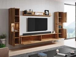 Móvel De Tv| Conjunto moderno de sala 4 peças, carvalho wotan mate, 2 colunas e móvel de TV 180 cm Natural escuro