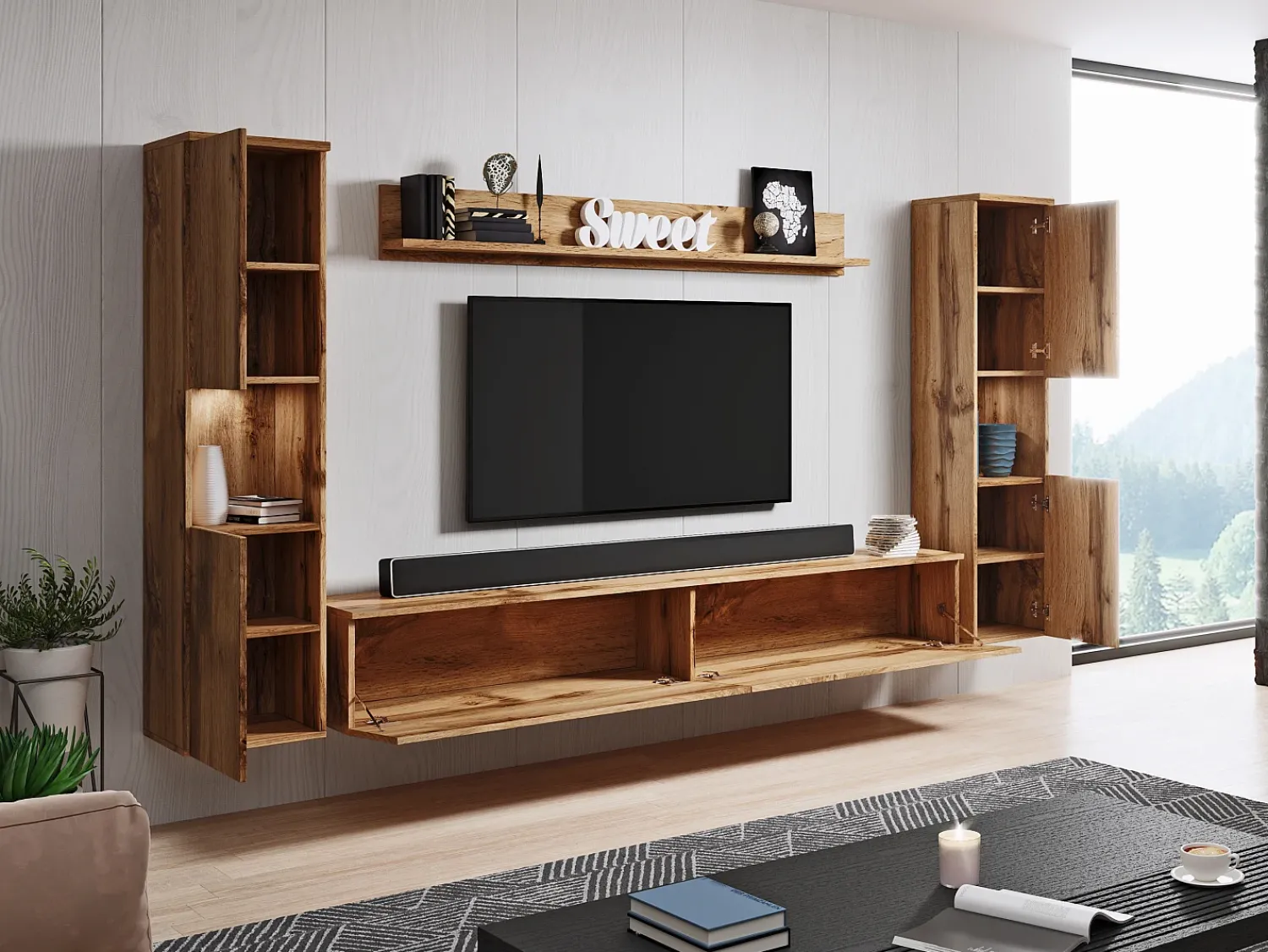 Móvel De Tv| Conjunto moderno de sala 4 peças, carvalho wotan mate, 2 colunas e móvel de TV 180 cm Natural escuro