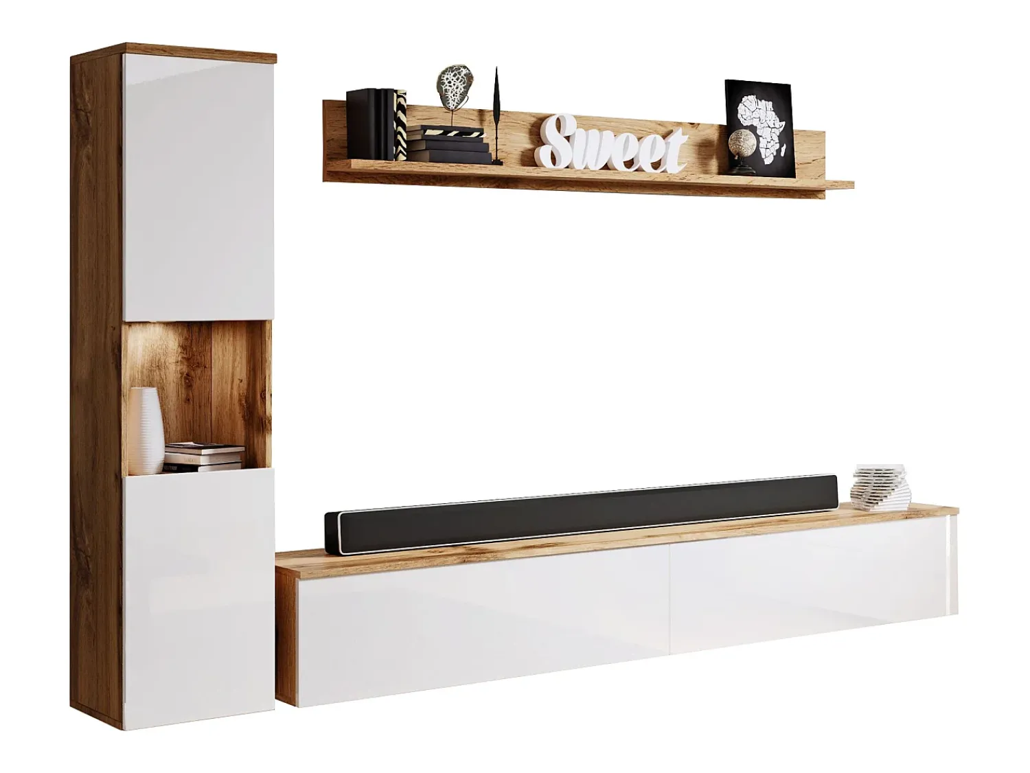 Conjunto moderno de sala 3 peças, corpo wotan, frentes branco brilho, coluna e móvel de TV 180 cm^ Móvel De Tv
