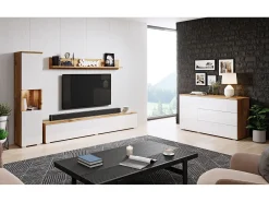 Conjunto moderno de sala 3 peças, corpo wotan, frentes branco brilho, coluna e móvel de TV 180 cm^ Móvel De Tv