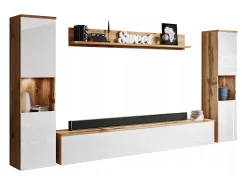 New Conjunto moderno de sala 4 peças, corpo wotan, frentes branco brilho, 2 colunas e móvel de TV 180 cm Natural escuro / Branco
