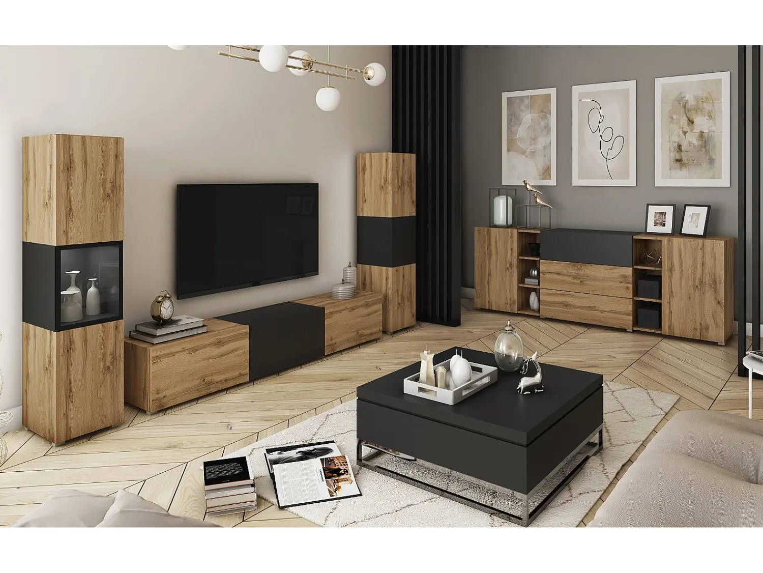 Móvel De Tv* Conjunto moderno de sala parede suspensa e de chão 3 peças com móvel TV 180 cm vitrine e coluna carvalho wotan preto mate Natural claro