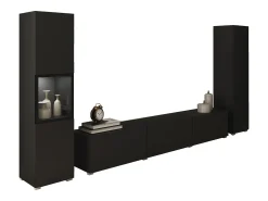 Discount Conjunto moderno de sala parede suspensa e de chão 3 peças com móvel TV 180 cm vitrine e coluna mate Preto