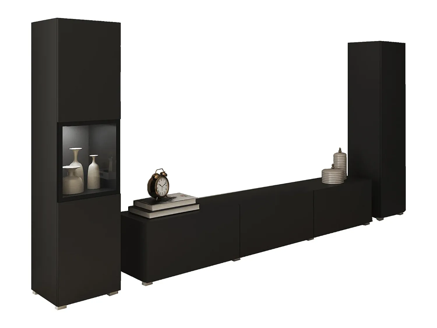 Discount Conjunto moderno de sala parede suspensa e de chão 3 peças com móvel TV 180 cm vitrine e coluna mate Preto