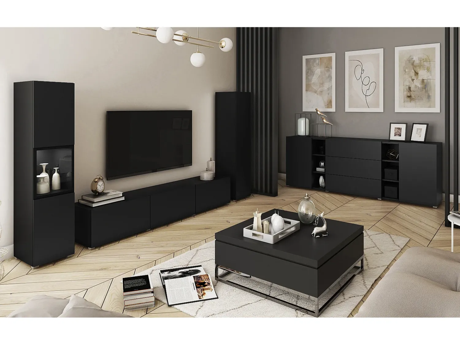 Discount Conjunto moderno de sala parede suspensa e de chão 3 peças com móvel TV 180 cm vitrine e coluna mate Preto