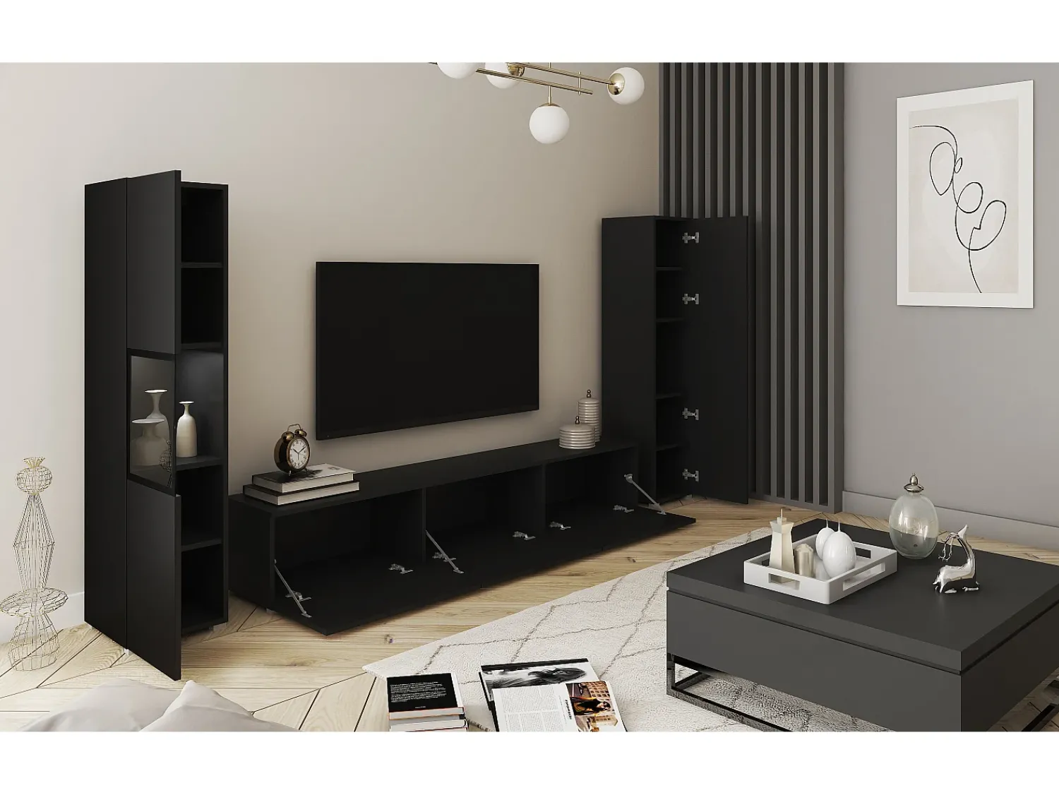 Discount Conjunto moderno de sala parede suspensa e de chão 3 peças com móvel TV 180 cm vitrine e coluna mate Preto