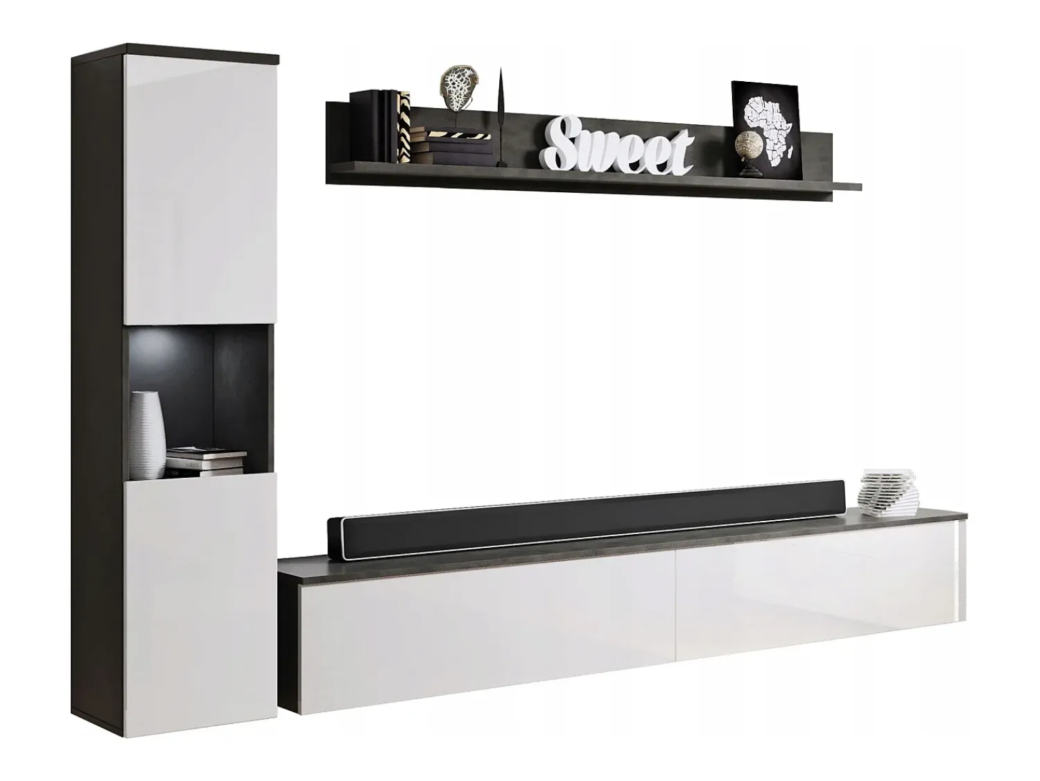 Conjunto moderno de sala 3 peças, corpo matera, frentes branco brilho, coluna e móvel de TV 180 cm^ Móvel De Tv