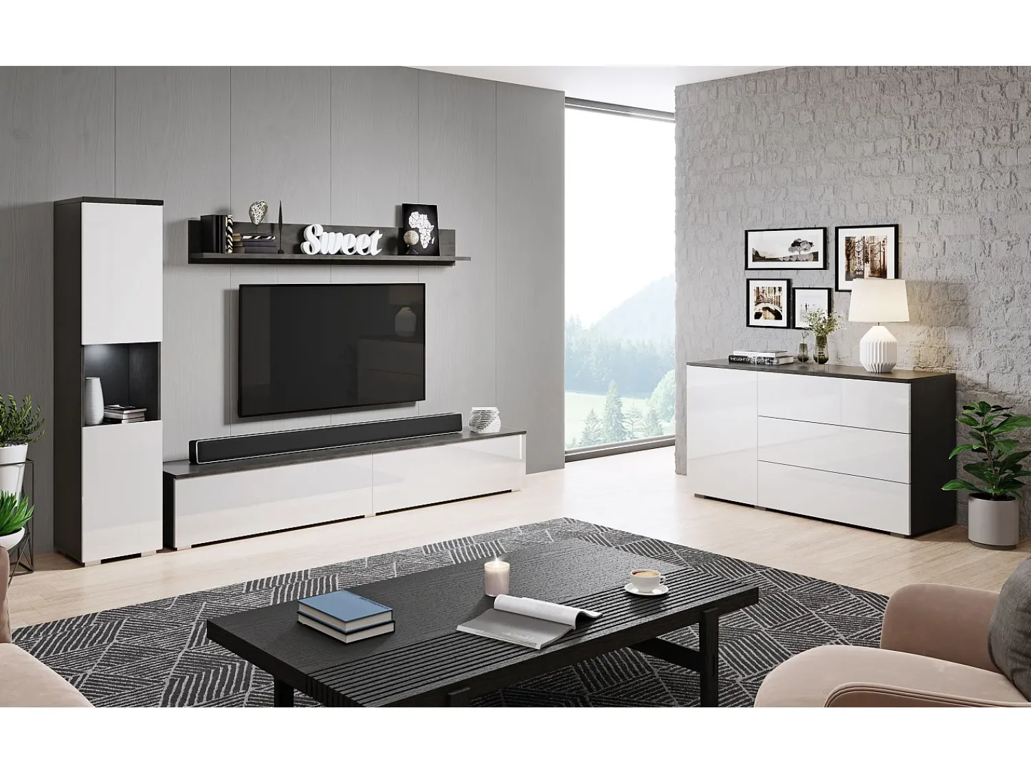 Conjunto moderno de sala 3 peças, corpo matera, frentes branco brilho, coluna e móvel de TV 180 cm^ Móvel De Tv