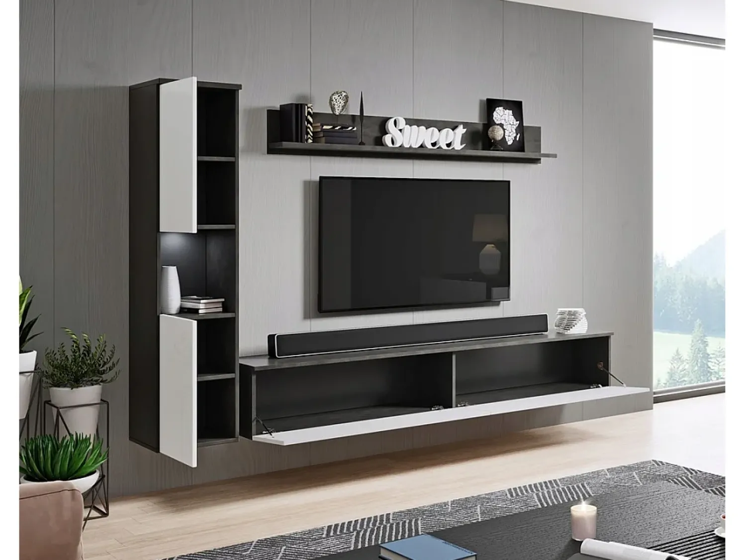 Conjunto moderno de sala 3 peças, corpo matera, frentes branco brilho, coluna e móvel de TV 180 cm^ Móvel De Tv