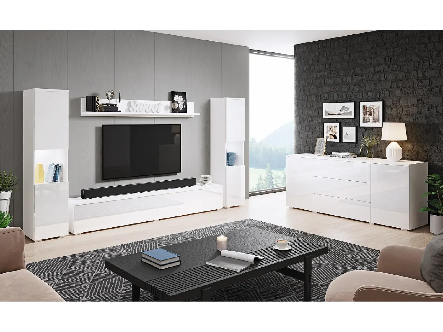 Conjunto moderno de sala 4 peças, corpo mate, frentes brilho, 2 colunas e móvel de TV 180 cm^ Móvel De Tv