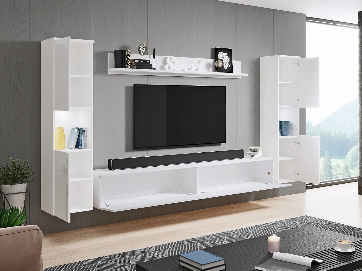 Conjunto moderno de sala 4 peças, corpo mate, frentes brilho, 2 colunas e móvel de TV 180 cm^ Móvel De Tv