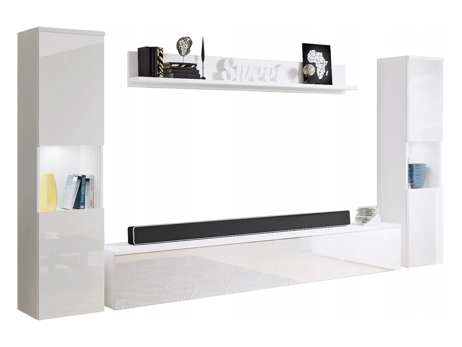 Conjunto moderno de sala 4 peças, corpo mate, frentes brilho, 2 colunas e móvel de TV 180 cm^ Móvel De Tv