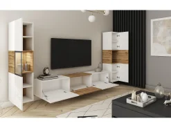 Conjunto moderno de sala parede suspensa e de chão com móvel TV 180 cm vitrine e coluna, corpo carvalho wotan frentes brilho^ Móvel De Tv