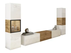 Conjunto moderno de sala parede suspensa e de chão com móvel TV 180 cm vitrine e coluna, corpo carvalho wotan frentes brilho^ Móvel De Tv
