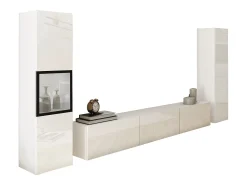 Discount Conjunto moderno de sala parede suspensa e de chão com móvel TV 180 cm vitrine e coluna, corpo mate, frentes brilho Branco