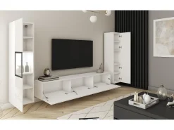 Discount Conjunto moderno de sala parede suspensa e de chão com móvel TV 180 cm vitrine e coluna, corpo mate, frentes brilho Branco