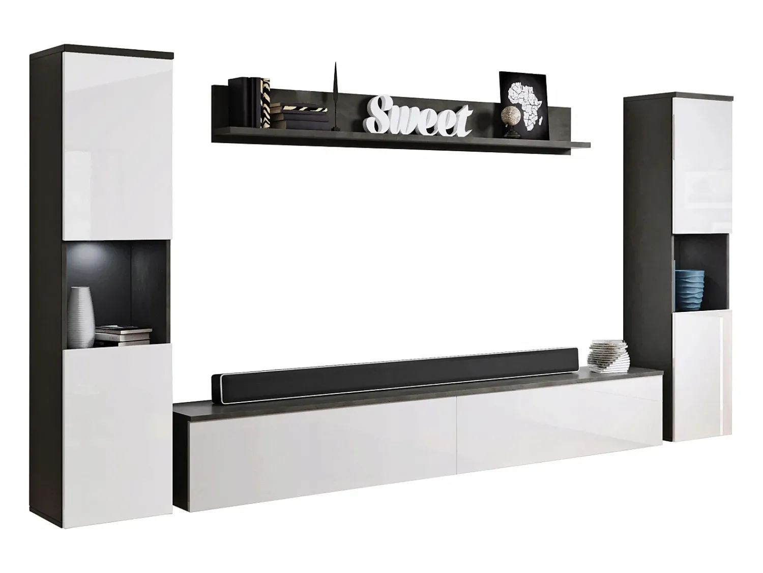 Conjunto moderno de sala 4 peças, corpo matera, frentes branco brilho, 2 colunas e móvel de TV 180 cm^ Móvel De Tv