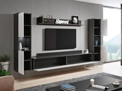Conjunto moderno de sala 4 peças, corpo matera, frentes branco brilho, 2 colunas e móvel de TV 180 cm^ Móvel De Tv