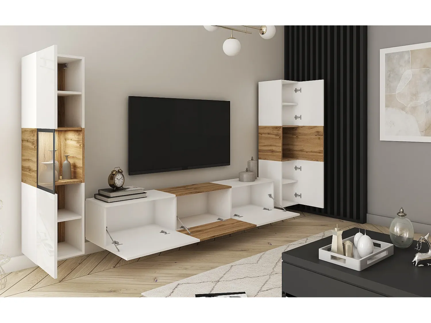 Móvel De Tv| Conjunto mural com iluminação LED, conjunto com móvel de TV 180 cm, vitrina e coluna, corpo mate, frentes brilho, inserto carvalho Wotan Branco