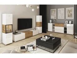 Móvel De Tv| Conjunto mural com iluminação LED, conjunto com móvel de TV 180 cm, vitrina e coluna, corpo mate, frentes brilho, inserto carvalho Wotan Branco