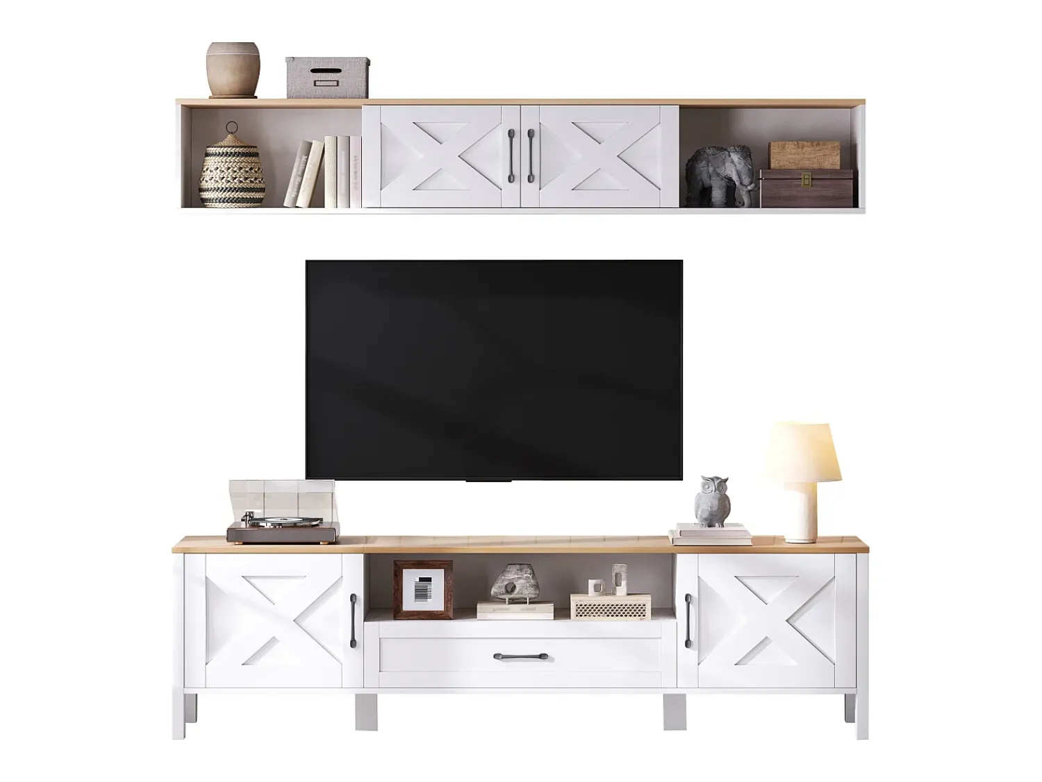 ModernLuxe Conjunto móvel de TV 2 peças - 180x40x50 cm - Móvel de TV + vitrina de parede - 4 portas e 1 gaveta - MDF -^ Móvel De Tv