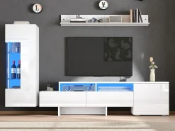 ModernLuxe Conjunto móvel TV 3 peças - Móvel TV + vitrina + prateleira de parede - Iluminação LED - 2 portas + 2 gavetas - Acabamento brilhante -^ Móvel De Tv