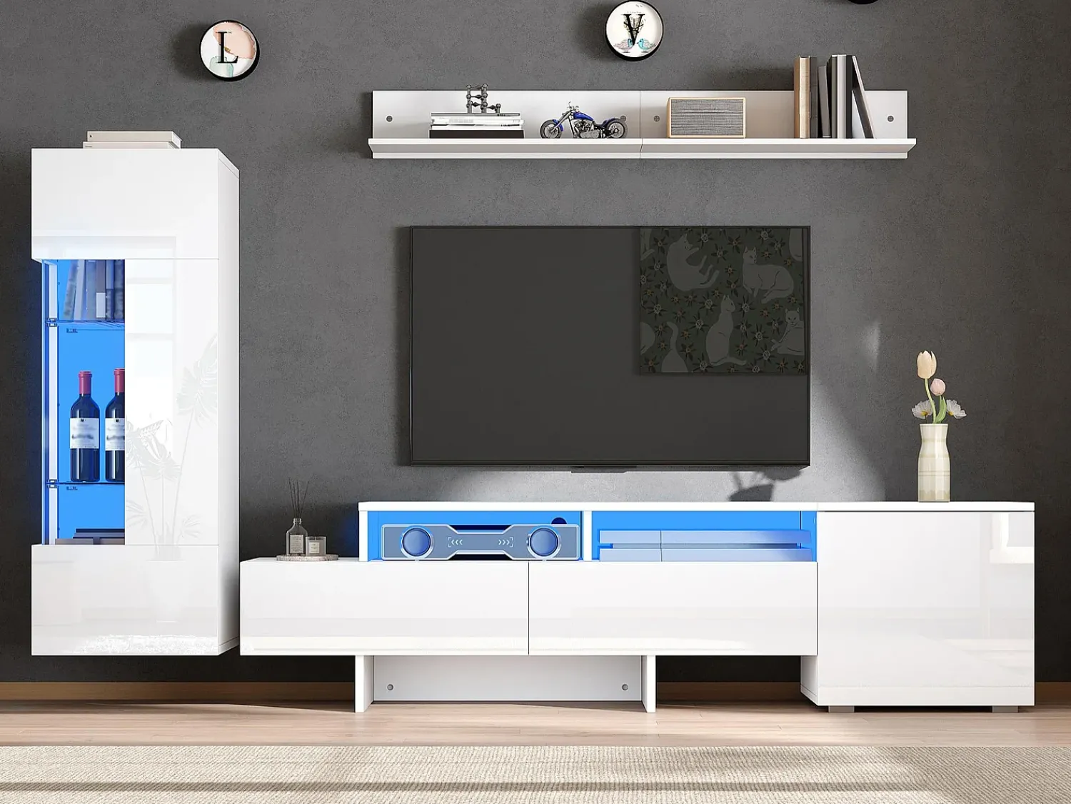 ModernLuxe Conjunto móvel TV 3 peças - Móvel TV + vitrina + prateleira de parede - Iluminação LED - 2 portas + 2 gavetas - Acabamento brilhante -^ Móvel De Tv