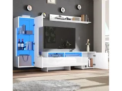 ModernLuxe Conjunto móvel TV 3 peças - Móvel TV + vitrina + prateleira de parede - Iluminação LED - 2 portas + 2 gavetas - Acabamento brilhante -^ Móvel De Tv