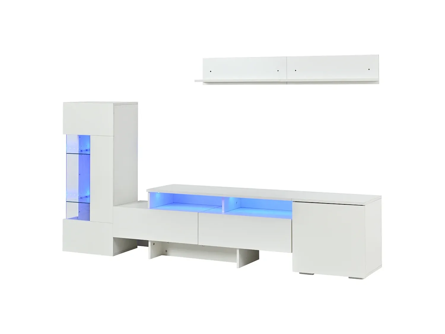 ModernLuxe Conjunto móvel TV 3 peças - Móvel TV + vitrina + prateleira de parede - Iluminação LED - 2 portas + 2 gavetas - Acabamento brilhante -^ Móvel De Tv