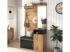 Móvel De Entrada* Conjunto para closet com 4 ganchos, espelho, sapateira, cabideiro de parede, prateleira e banco. (Requer furação) Preto