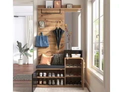 Móvel De Entrada* Conjunto para closet com 4 ganchos, espelho, sapateira, cabideiro de parede, prateleira e banco. (Requer furação) Preto