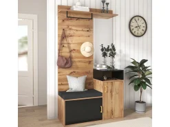 Móvel De Entrada* Conjunto para closet com 4 ganchos, espelho, sapateira, cabideiro de parede, prateleira e banco. (Requer furação) Preto