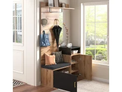Móvel De Entrada* Conjunto para closet com 4 ganchos, espelho, sapateira, cabideiro de parede, prateleira e banco. (Requer furação) Preto