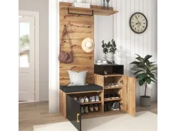 Móvel De Entrada* Conjunto para closet com 4 ganchos, espelho, sapateira, cabideiro de parede, prateleira e banco. (Requer furação) Preto