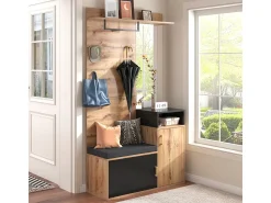 Móvel De Entrada* Conjunto para closet com 4 ganchos, espelho, sapateira, cabideiro de parede, prateleira e banco. (Requer furação) Preto
