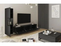 Móvel De Tv| Conjunto para sala, suspenso e de chão, 2 peças, móvel TV 180 cm e vitrina, corpo e frentes mate Preto