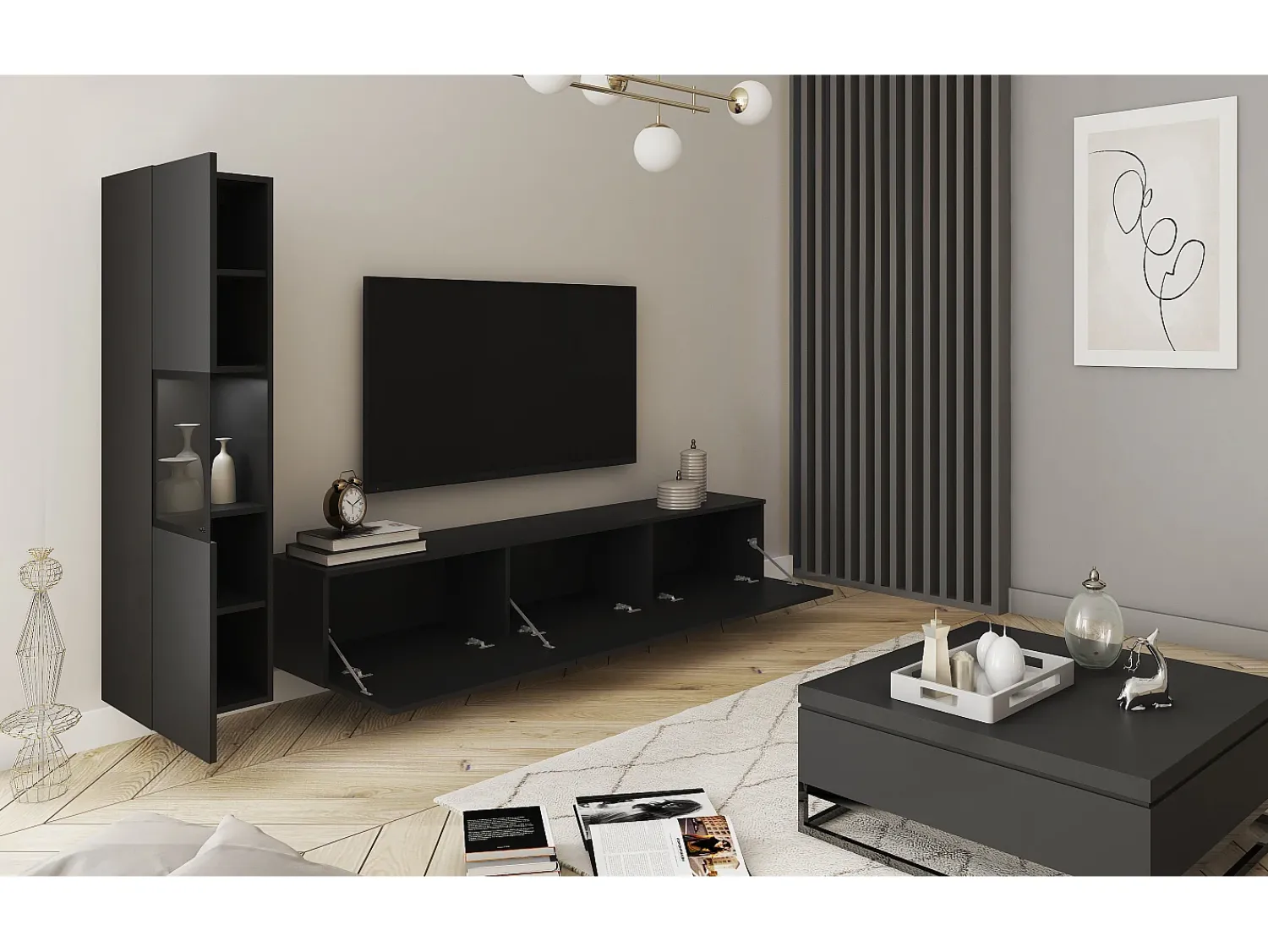 Móvel De Tv| Conjunto para sala, suspenso e de chão, 2 peças, móvel TV 180 cm e vitrina, corpo e frentes mate Preto