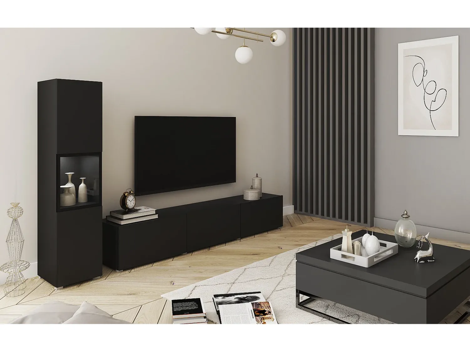 Móvel De Tv| Conjunto para sala, suspenso e de chão, 2 peças, móvel TV 180 cm e vitrina, corpo e frentes mate Preto